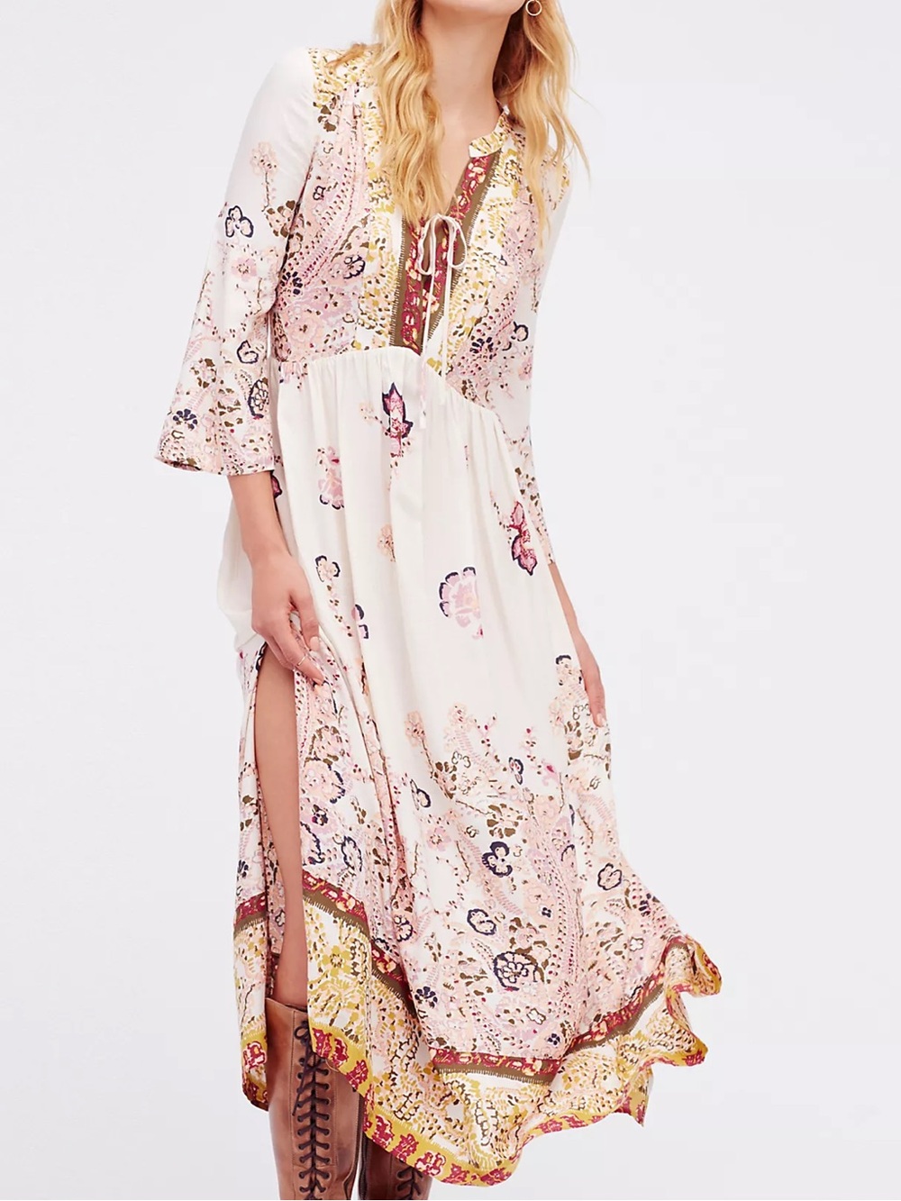 FREE PEOPLE If You Only Knew Maxi Dress Cream V-Neck Front Tie Quarter sleeve M